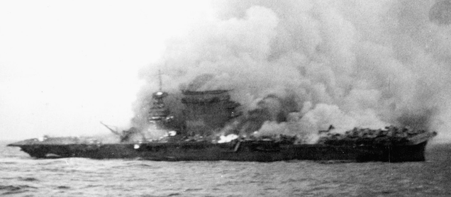 USS Lexington, on fire and abandoned